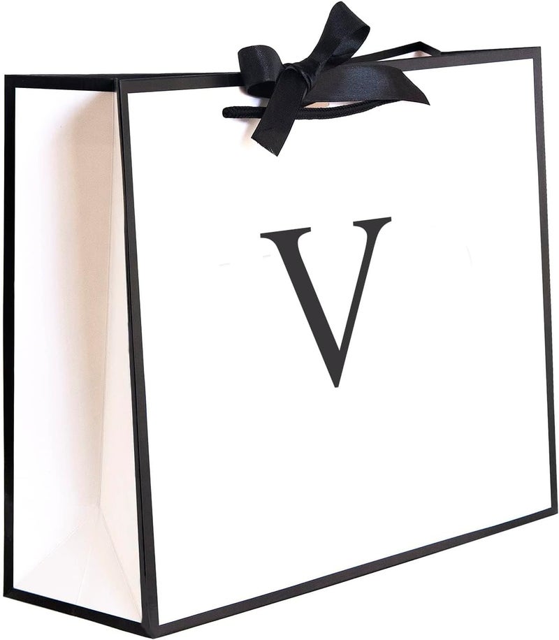 QLSKO Initial Gift Bag with Bow Ribbon Personalized Horizontal Paper Bag Monogrammed Birthday Gifts for Women Men (V-Medium) - Image 1